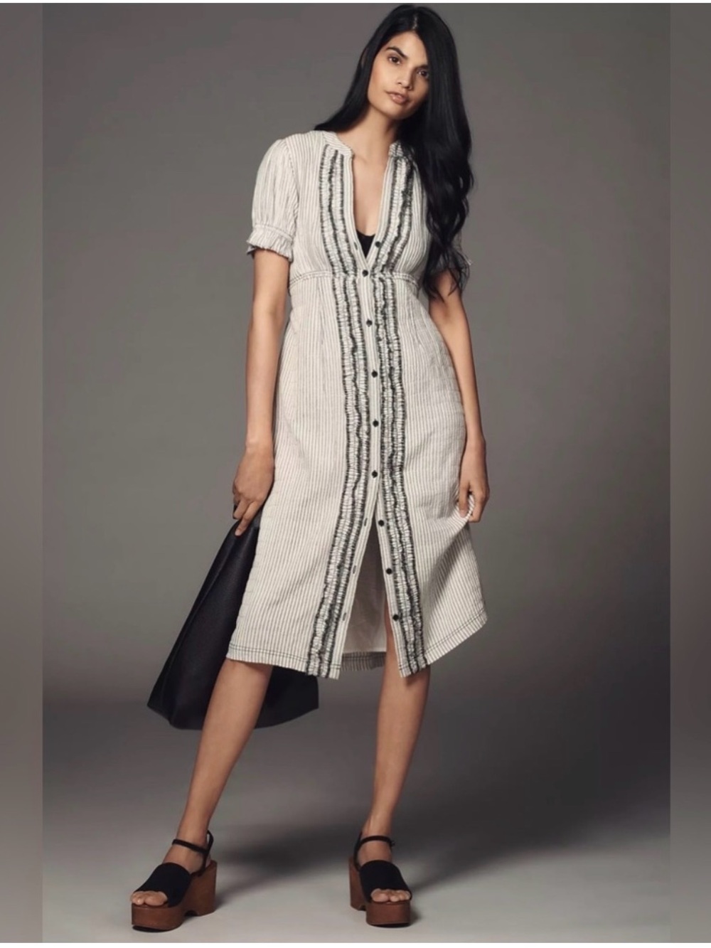 85 Pilcro Cream and Black short sleeve baby doll midi shirt dress